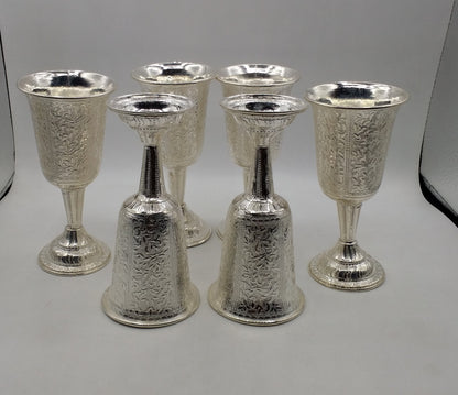 Set of 6 handmade 925 sterling silver engraved floral wine glasses by TRIBAL ORNAMENTS, elegant silver drinking glasses.