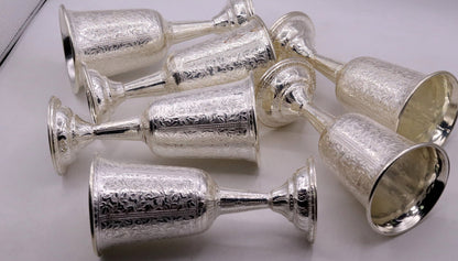 Set of 6 sterling silver wine glasses with engraved floral designs by TRIBAL ORNAMENTS, handcrafted silver drinking glasses.