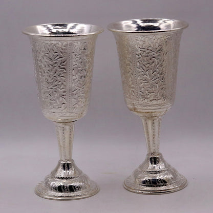 Set of 6 handmade 925 sterling silver wine glasses with engraved floral designs by Tribal Ornaments, perfect for gifting.