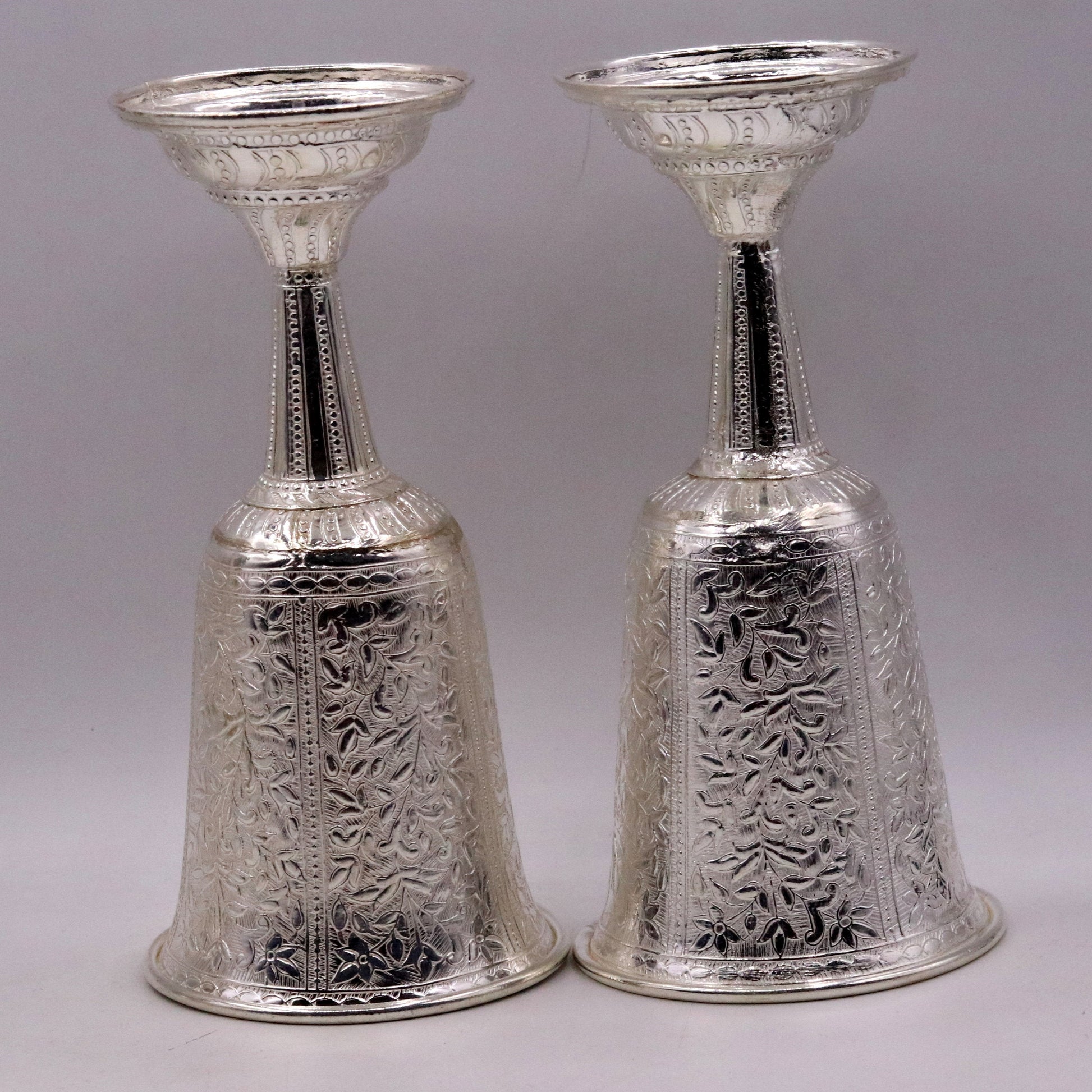 Set of 6 handmade 925 sterling silver engraved floral wine glasses by Tribal Ornaments, elegant silver drinking glasses.