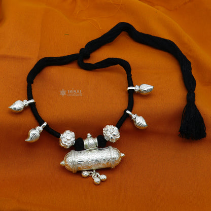 Sterling silver ethnic tribal necklace with black thread choker, traditional bridal jewelry set by TRIBAL ORNAMENTS