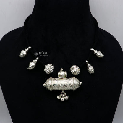 925 Sterling silver tribal black thread necklace and choker set with ethnic pendant, traditional bridal jewelry by TRIBAL ORNAMENTS