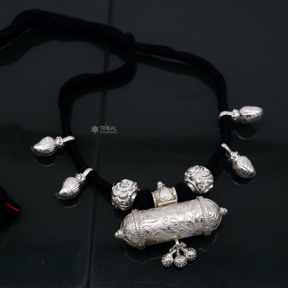 925 Sterling silver tribal black thread necklace with traditional choker pendant, part of a brides' ethnic jewelry set.