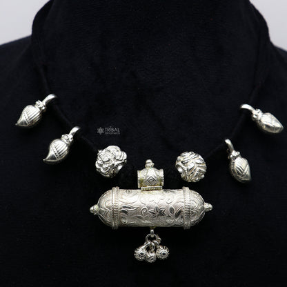 925 Sterling silver ethnic tribal black thread necklace and traditional choker jewelry set by TRIBAL ORNAMENTS, ideal for brides