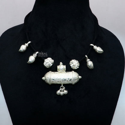 925 Sterling silver ethnic tribal necklace with black thread choker, traditional bridal jewelry set by TRIBAL ORNAMENTS.