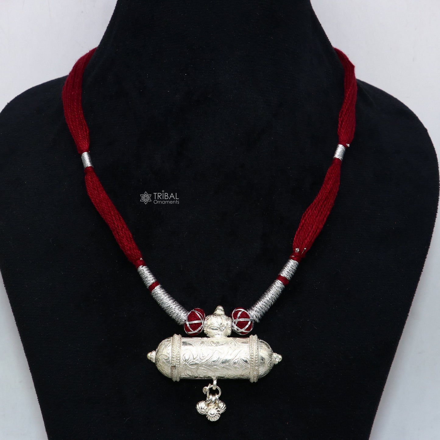 Sterling silver ethnic tribal pendant with dark red thread necklace, traditional choker, handcrafted brides jewelry set by Tribal Ornaments.