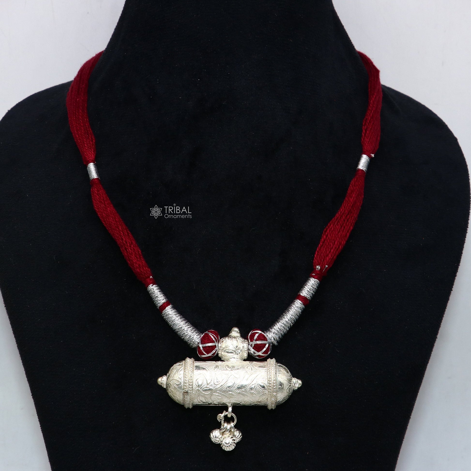 Sterling silver ethnic tribal pendant with dark red thread necklace, traditional choker, handcrafted brides jewelry set by Tribal Ornaments.