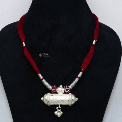 Sterling silver ethnic tribal pendant with dark red thread necklace, traditional choker, handcrafted brides jewelry set by Tribal Ornaments.