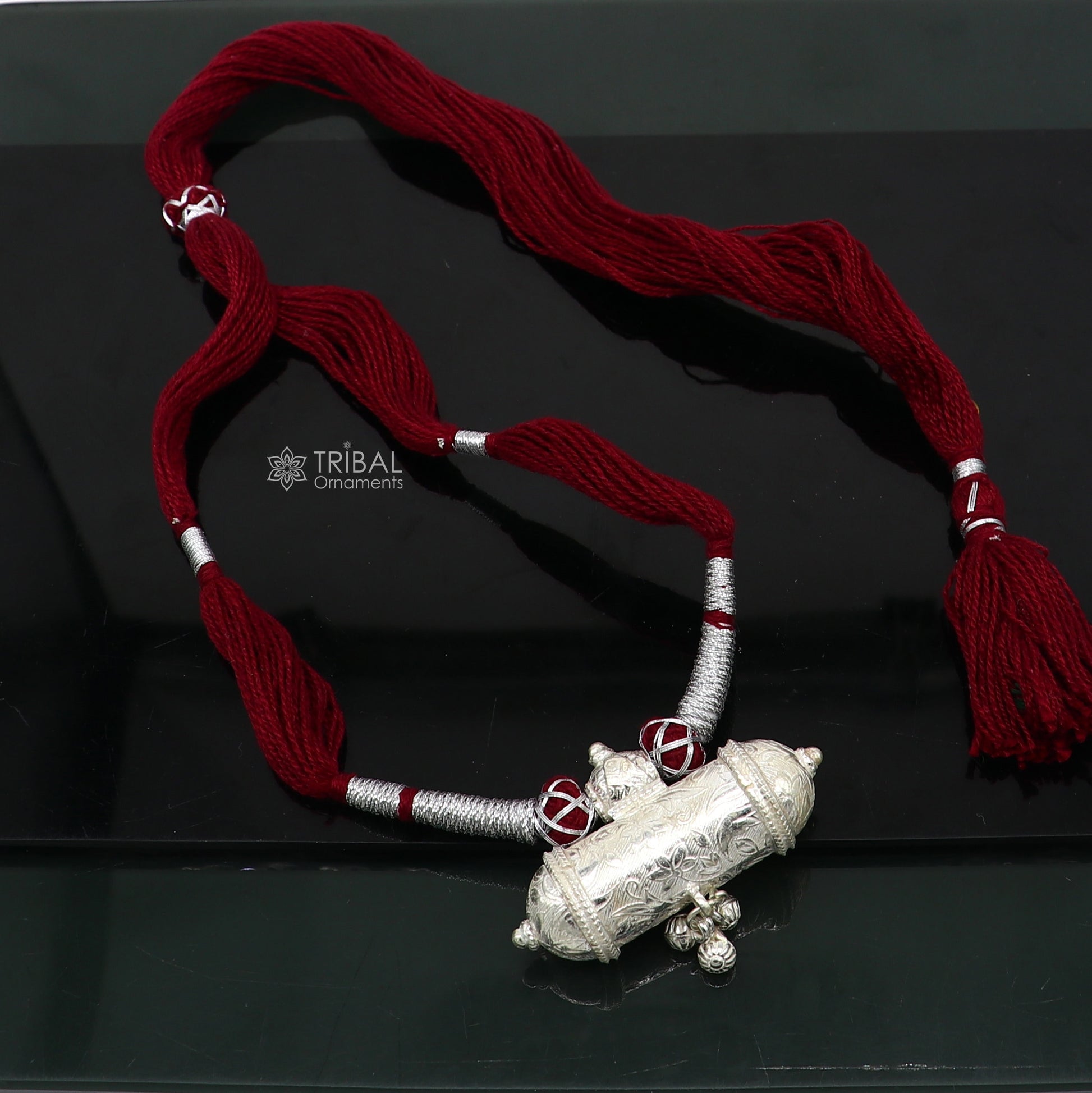 Sterling silver tribal pendant with dark red thread necklace, traditional ethnic choker jewelry set for brides by TRIBAL ORNAMENTS