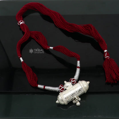 Sterling silver tribal pendant with dark red thread necklace, traditional ethnic choker jewelry set for brides by TRIBAL ORNAMENTS