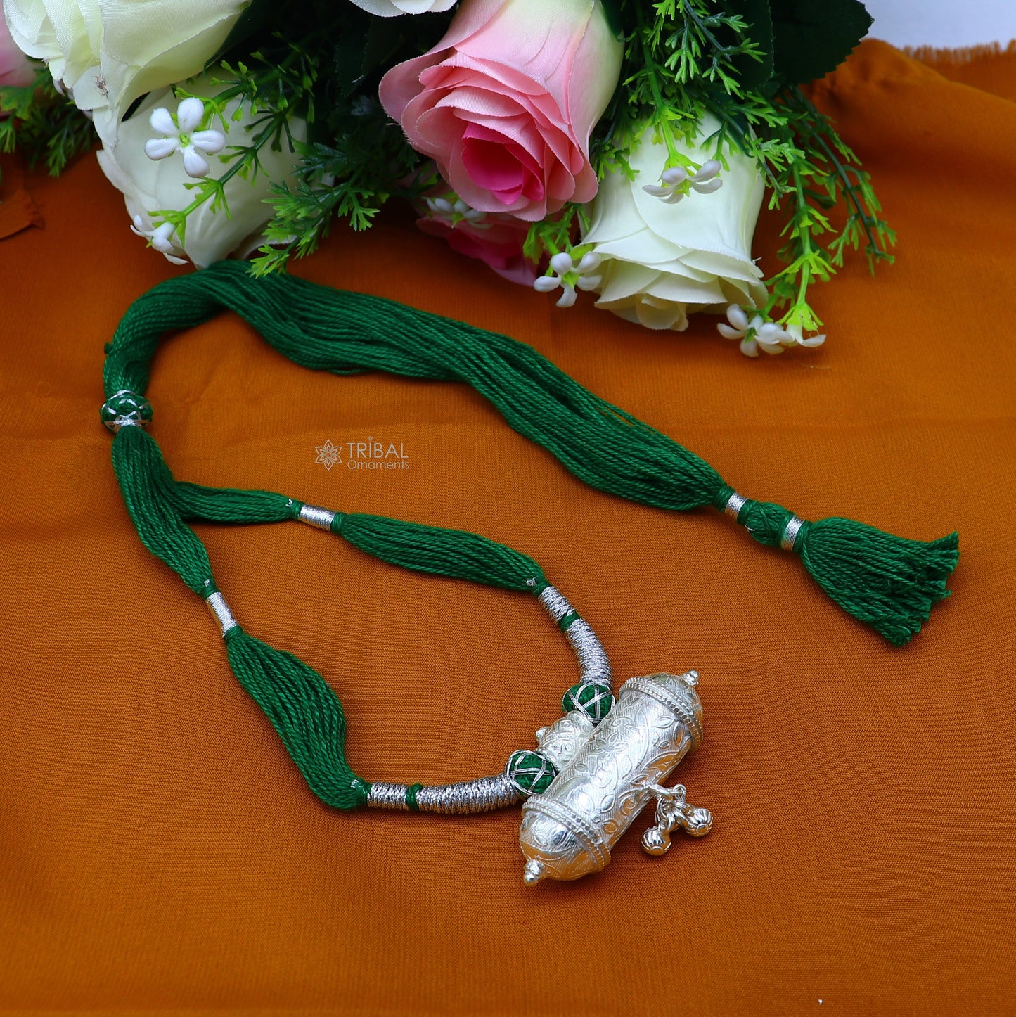 925 Sterling silver tribal pendant with green thread necklace, traditional ethnic choker jewelry set for brides by Tribal Ornaments