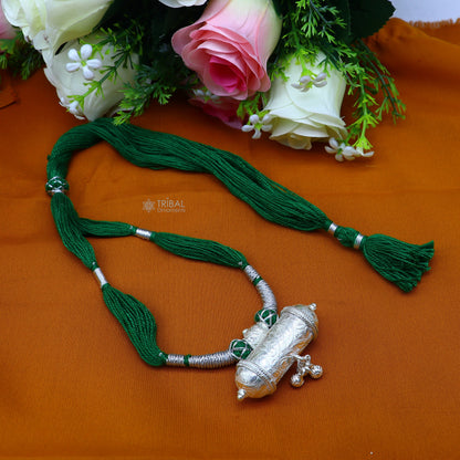 925 Sterling silver tribal pendant with green thread necklace, traditional ethnic choker jewelry set for brides by Tribal Ornaments
