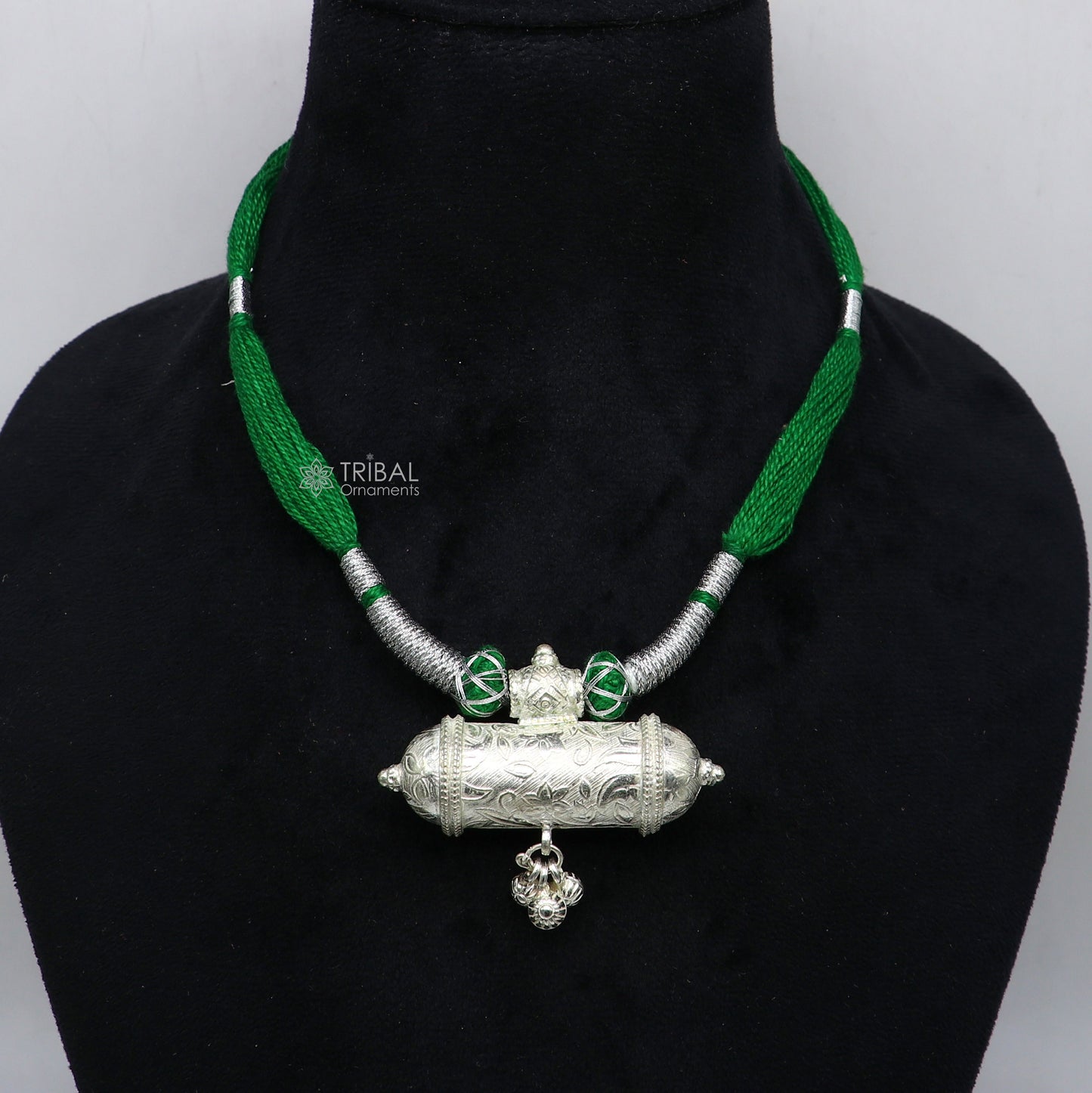 925 Sterling silver tribal pendant with green thread necklace, traditional ethnic choker jewelry set for brides, handmade tribal ornament