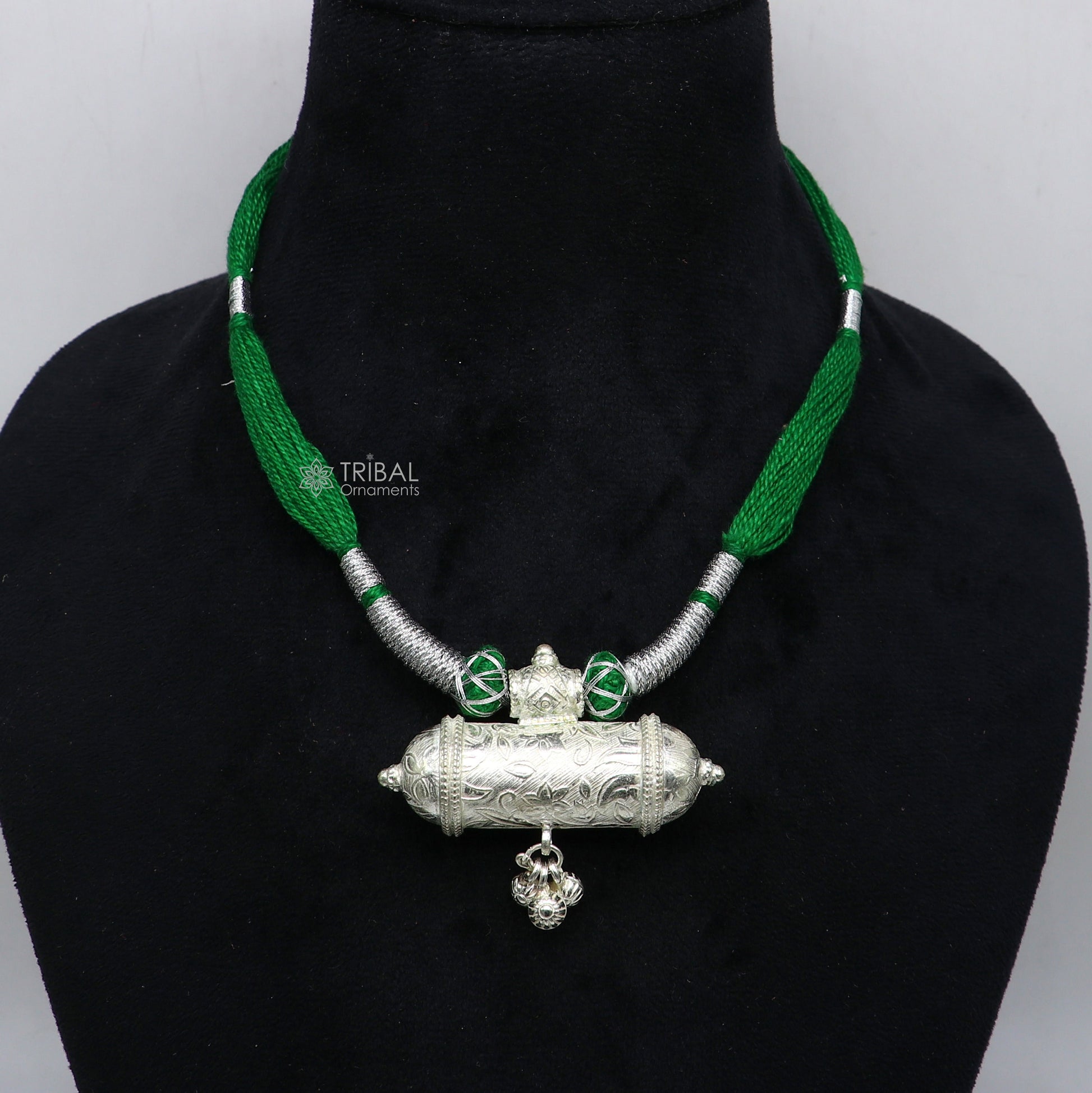925 Sterling silver tribal pendant with green thread necklace, traditional ethnic choker jewelry set for brides, handmade tribal ornament