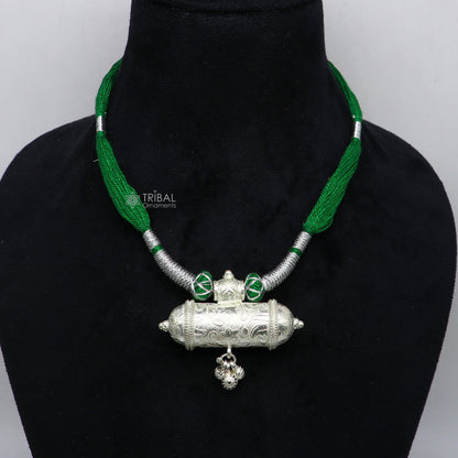 925 Sterling silver tribal pendant with green thread necklace, traditional ethnic choker jewelry set for brides, handmade tribal ornament