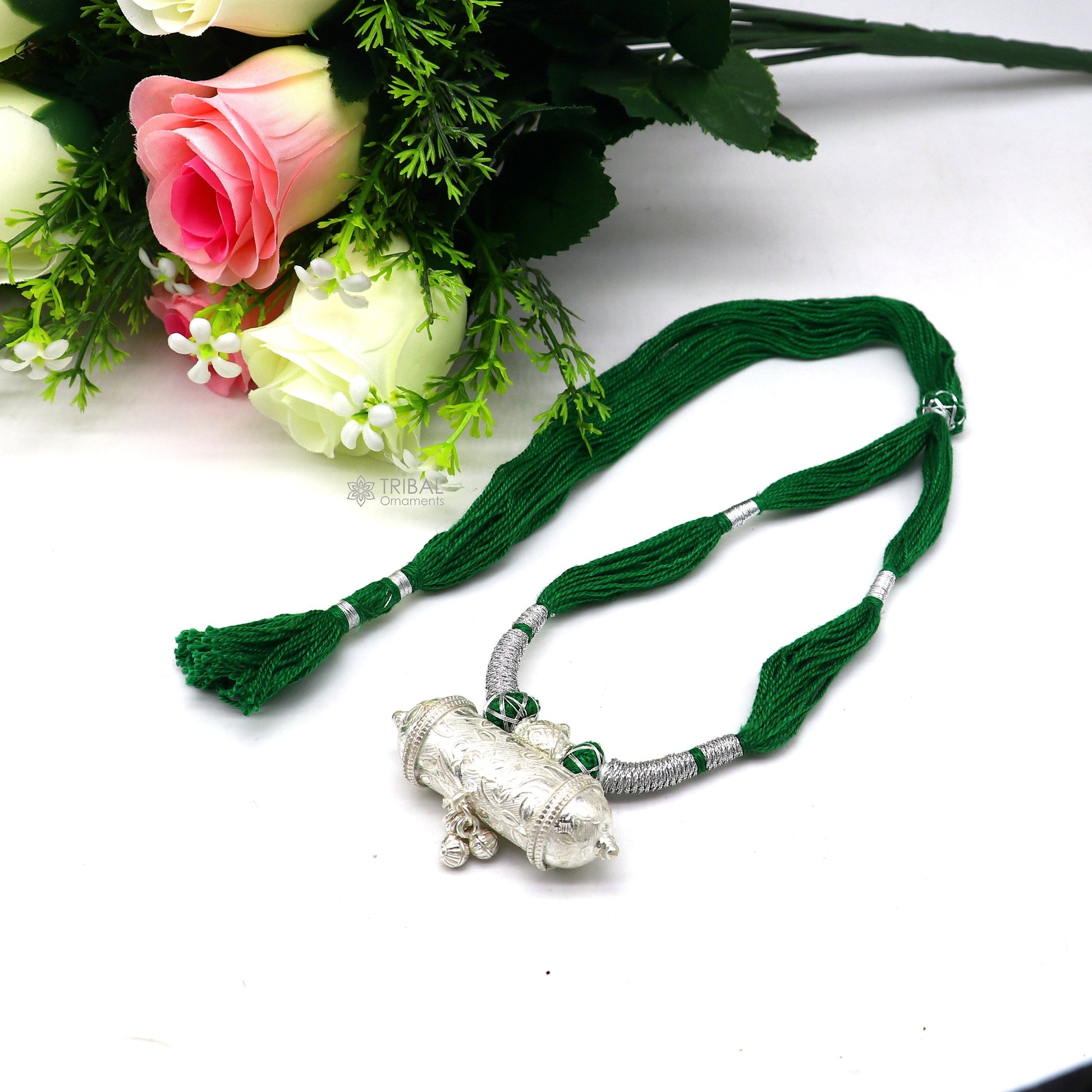 Sterling silver tribal pendant with green thread necklace, traditional ethnic choker jewelry set for brides by TRIBAL ORNAMENTS