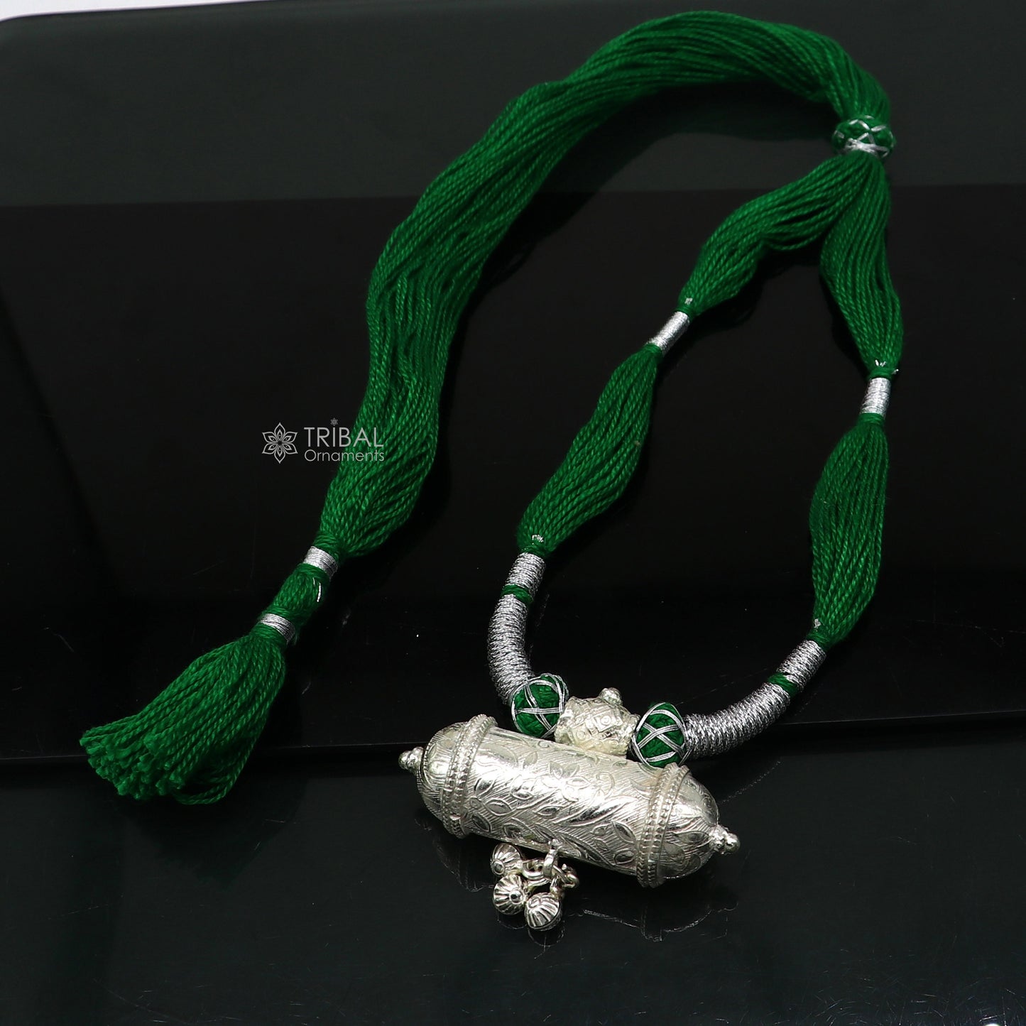 925 Sterling silver tribal pendant with green thread necklace, traditional choker for brides, ethnic cultural jewelry set