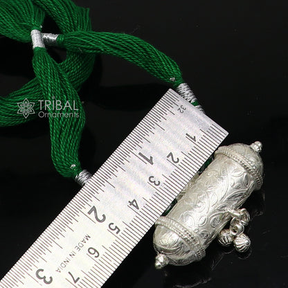 Sterling silver tribal pendant with green thread necklace, traditional ethnic choker jewelry set for brides by TRIBAL ORNAMENTS