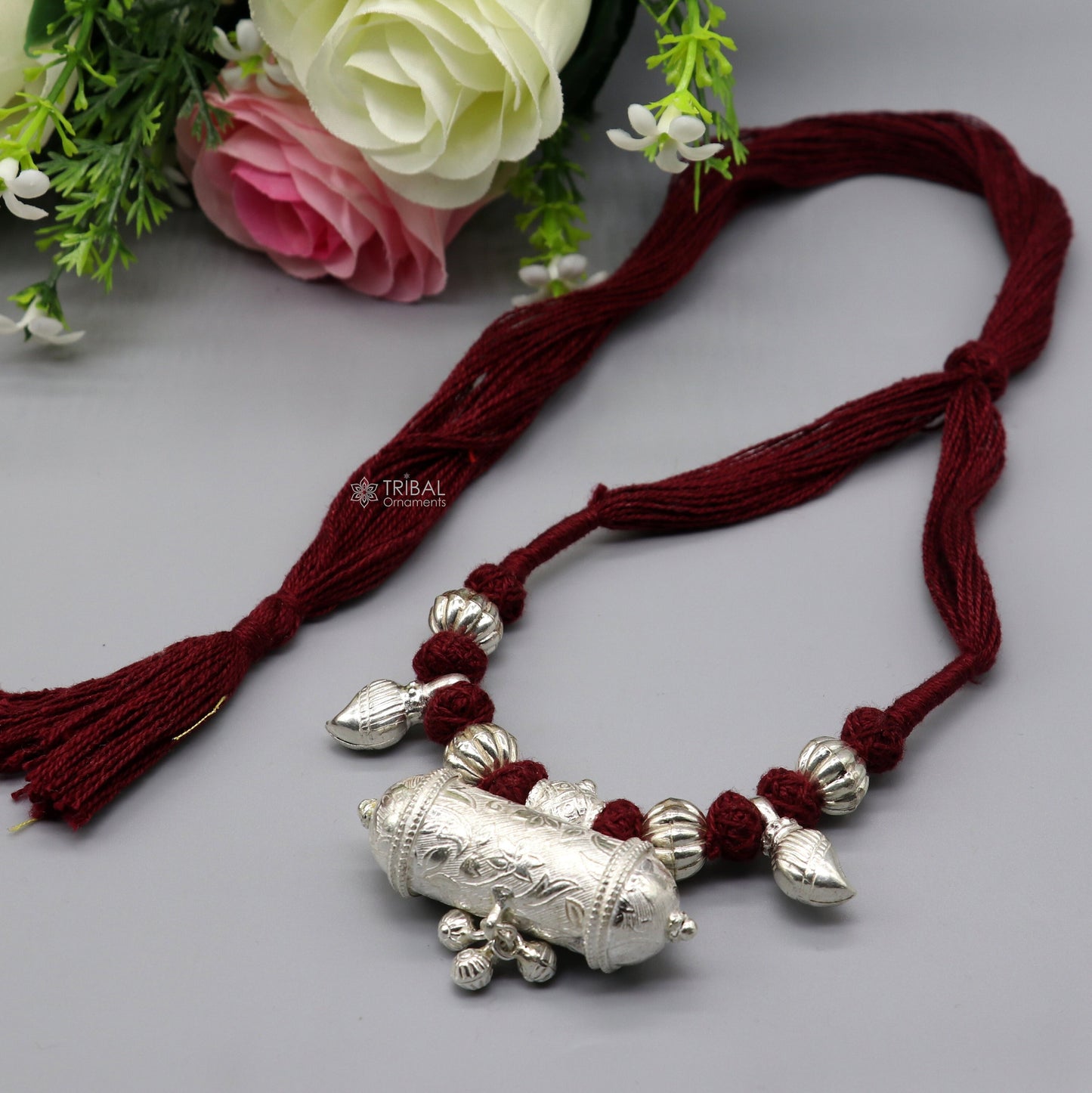 925 Sterling silver ethnic tribal pendant with thread necklace and traditional choker, part of a brides jewelry set.