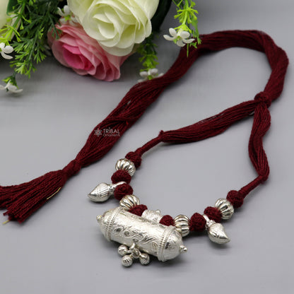 925 Sterling silver ethnic tribal pendant with thread necklace and traditional choker, part of a brides jewelry set.