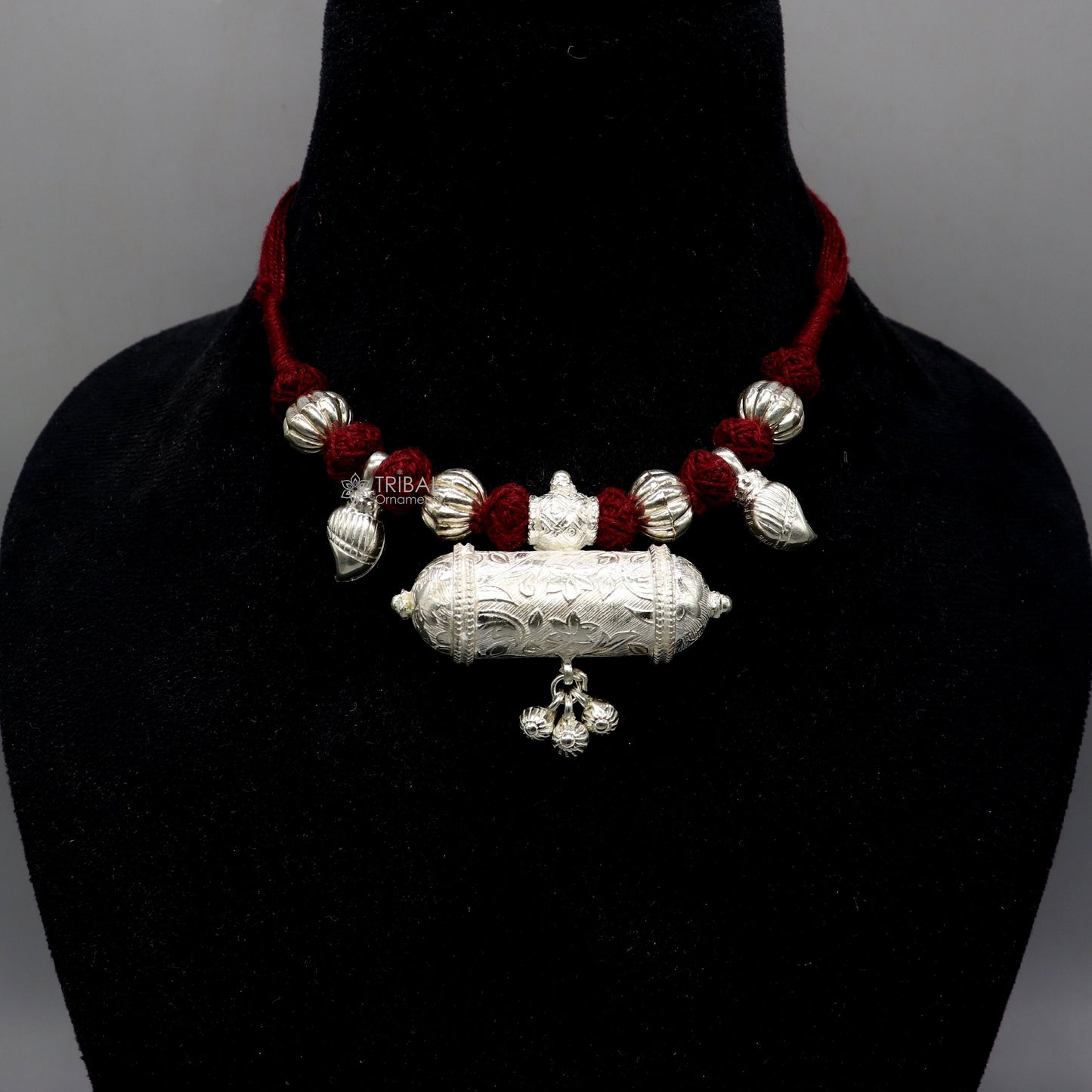 925 Sterling silver tribal pendant with thread necklace, traditional ethnic choker for brides, part of TRIBAL ORNAMENTS jewelry set