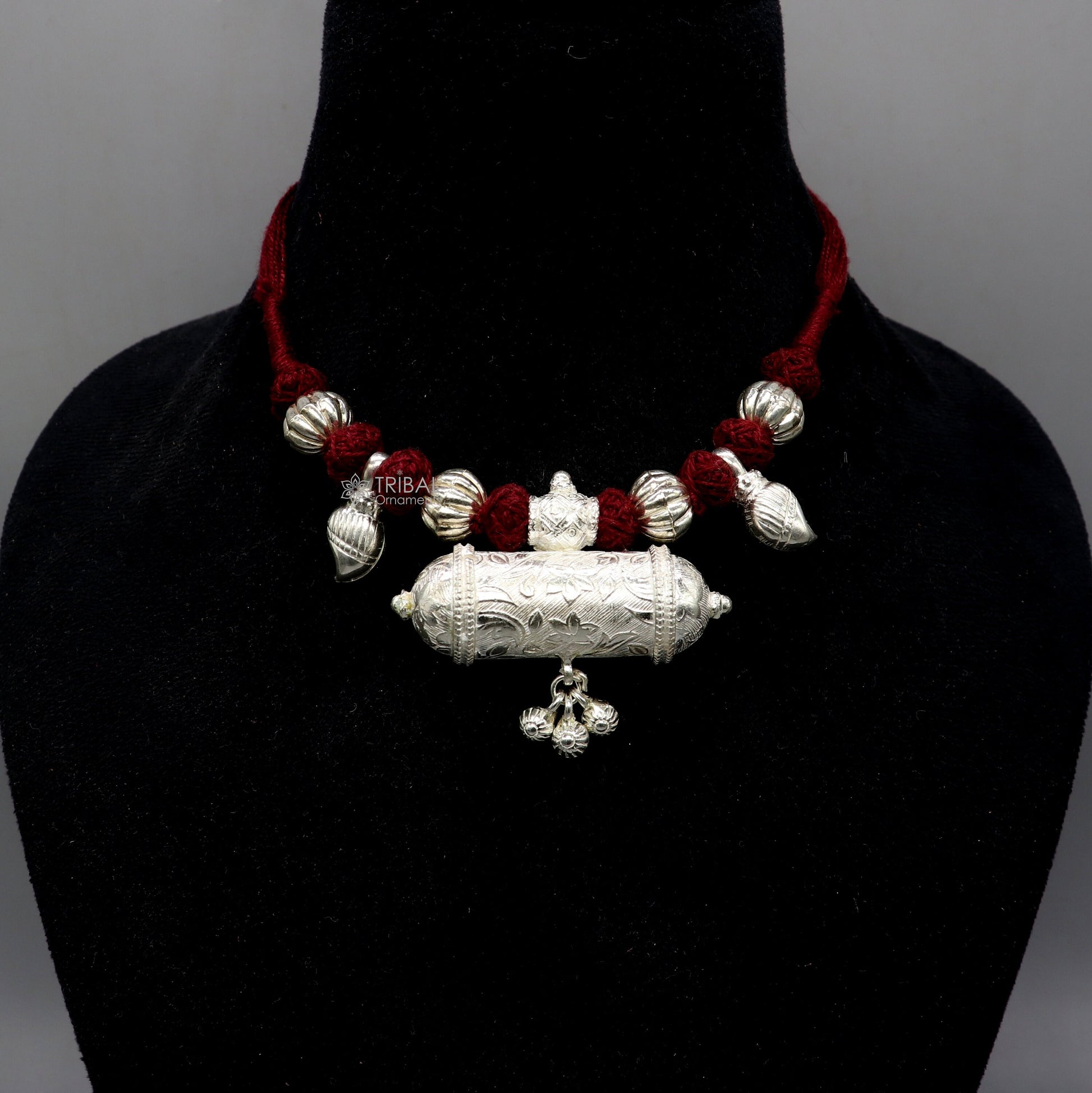 925 Sterling silver tribal pendant with thread necklace, traditional ethnic choker for brides, part of TRIBAL ORNAMENTS jewelry set