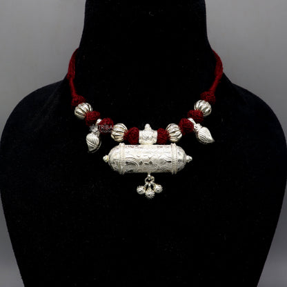 925 Sterling silver tribal pendant with thread necklace, traditional ethnic choker for brides, part of TRIBAL ORNAMENTS jewelry set