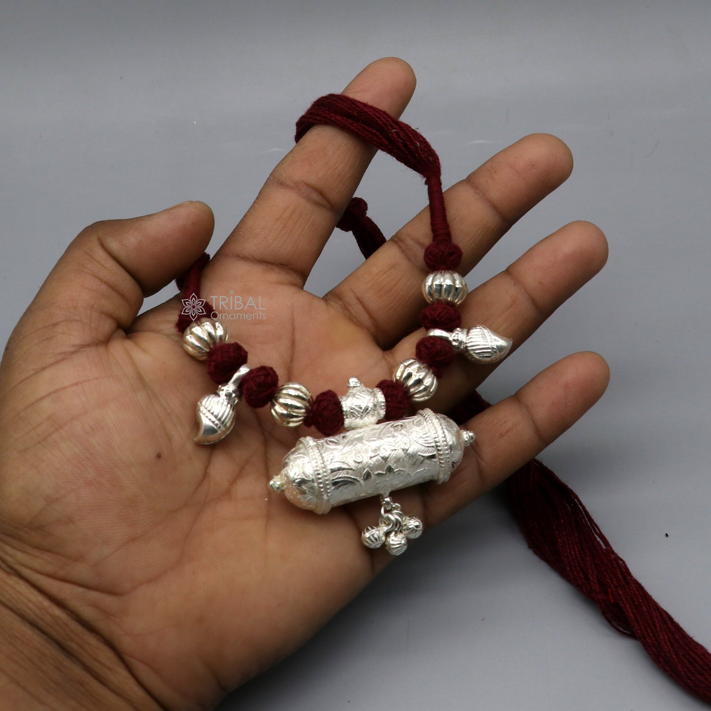 925 Sterling silver tribal pendant with thread necklace, ethnic cultural choker, traditional bridal jewelry set by Tribal Ornaments