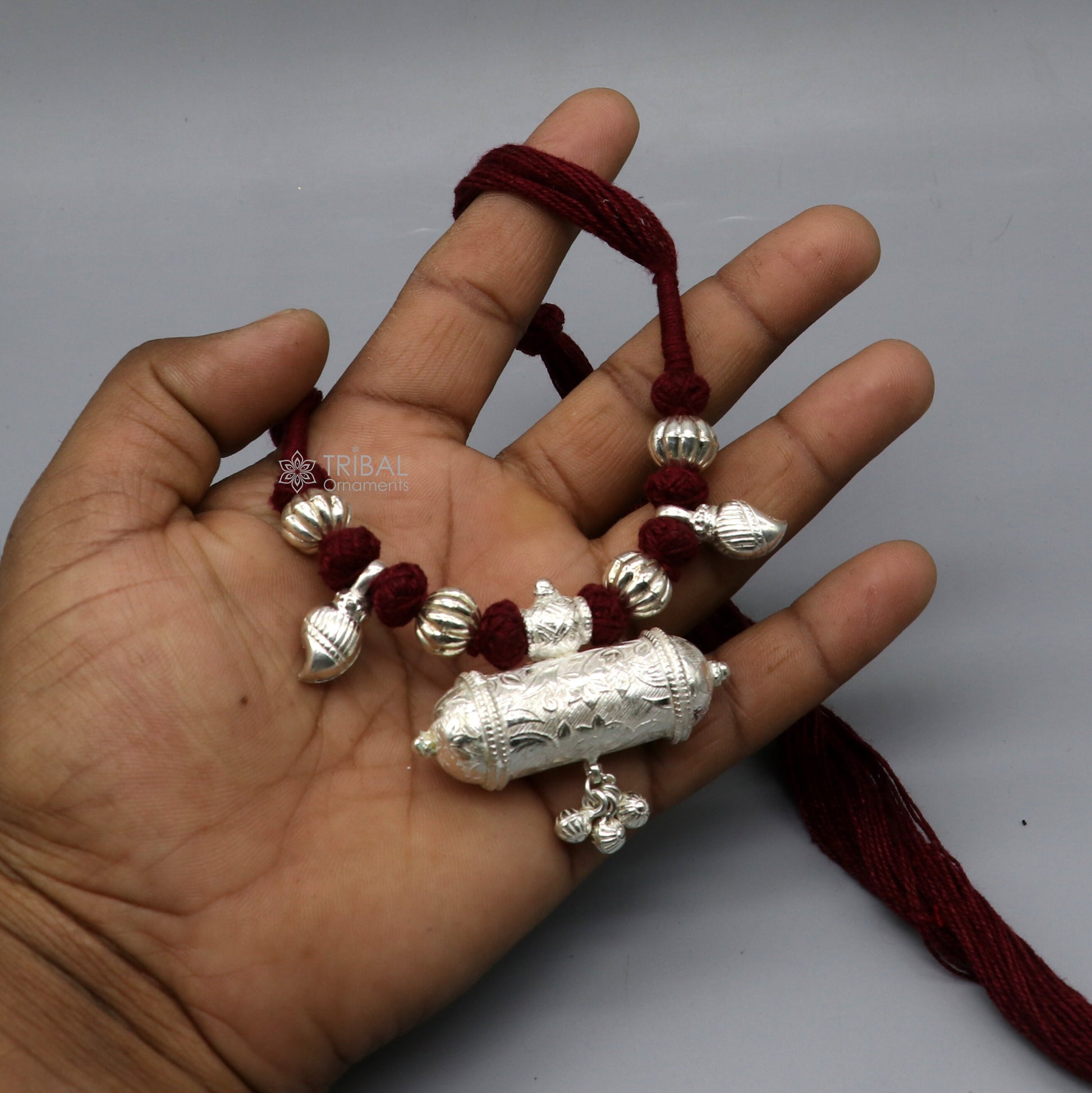 925 Sterling silver tribal pendant with thread necklace, ethnic cultural choker, traditional bridal jewelry set by Tribal Ornaments