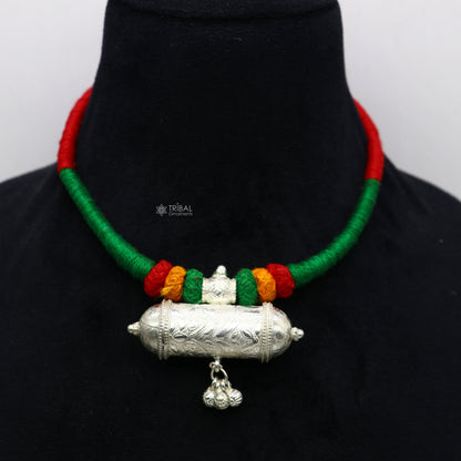 Sterling silver ethnic tribal pendant with thread necklace, traditional choker style, part of TRIBAL ORNAMENTS bridal jewelry set
