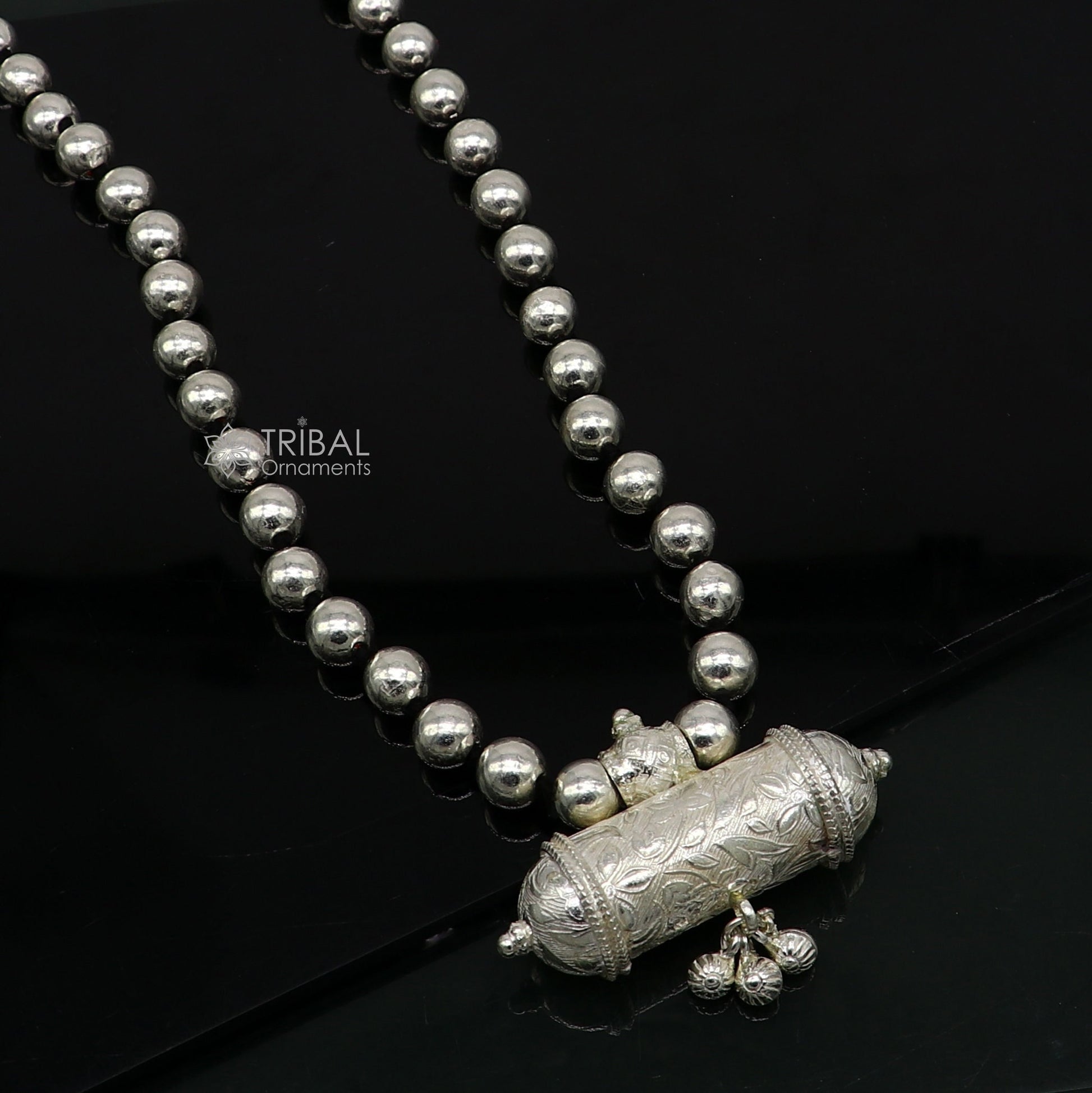 925 Sterling silver tribal pendant with beaded necklace, traditional ethnic choker, handmade brides jewelry set by Tribal Ornaments