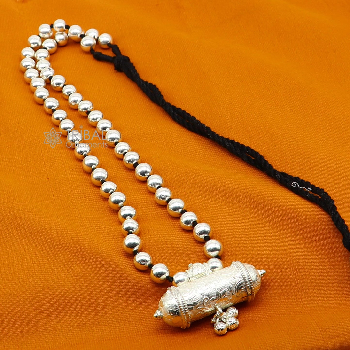 925 Sterling silver tribal pendant with wax-filled beaded necklace, traditional choker style, ethnic cultural jewelry set.