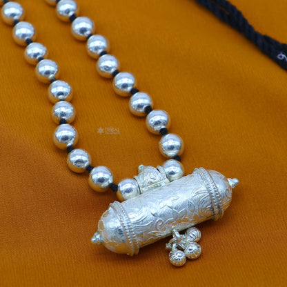 925 Sterling silver tribal pendant with wax-filled beads on traditional beaded choker, ethnic cultural jewelry set by TRIBAL ORNAMENTS