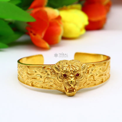 Sterling silver handmade lion face cuff bracelet with gold polish, vintage men's jewelry, solid tribal ornament cuff kada.