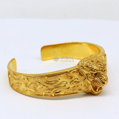 Sterling silver handmade lion face cuff bracelet with gold polish, vintage men's jewelry, tribal-style solid Kada bracelet.