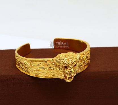 Sterling silver handmade lion face cuff bracelet with gold polish, vintage men's jewelry, solid tribal-style kada bracelet.