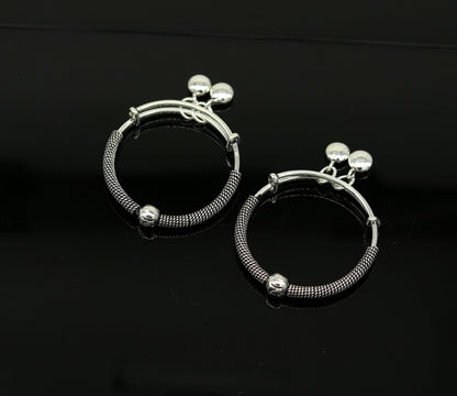 Sterling silver vintage design adjustable baby bangle with charms, handmade tribal ornaments jewelry for newborns and kids.