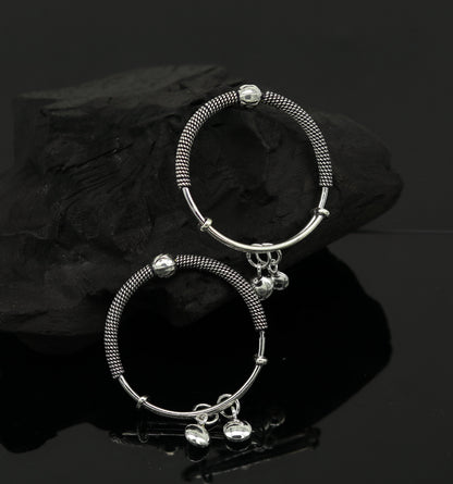 Sterling silver vintage adjustable baby bangles with charm, handmade tribal design for newborn kids jewelry, TRIBAL ORNAMENTS.