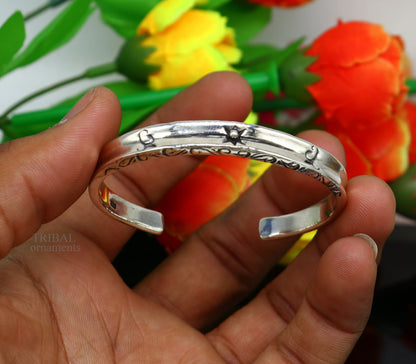 Sterling silver vintage design cuff bracelet by TRIBAL ORNAMENTS, unisex stylish jewelry bangle with intricate craftsmanship.