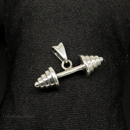 925 sterling silver barbell dumbbell gym pendant by TRIBAL ORNAMENTS, handmade stylish workout jewelry for fitness enthusiasts.