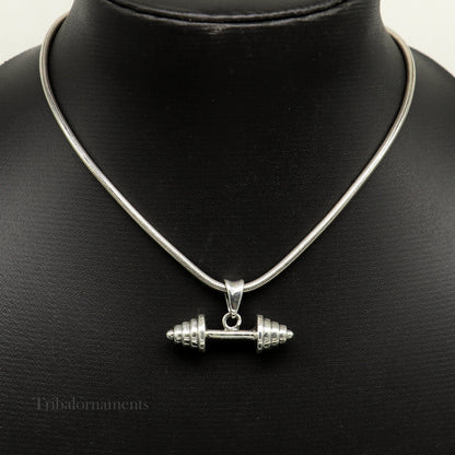 925 sterling silver barbell dumbbell gym pendant by TRIBAL ORNAMENTS, showcasing a handmade fitness jewelry design.
