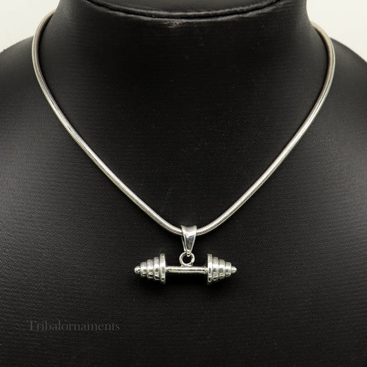 925 sterling silver handmade fabulous barbell dumbbell gym pendant, best workout jewelry stylish gifting pendant from india ssp930 - TRIBAL ORNAMENTS
