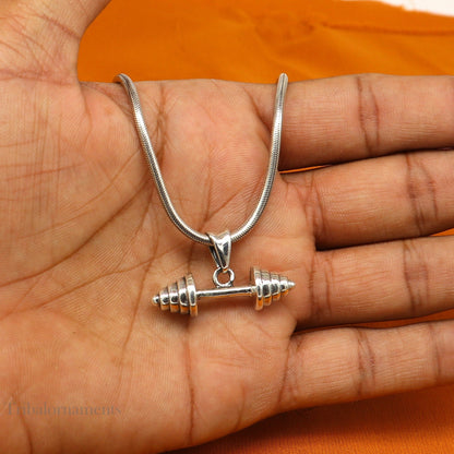 925 sterling silver barbell dumbbell gym pendant from TRIBAL ORNAMENTS, handmade workout jewelry with detailed design.