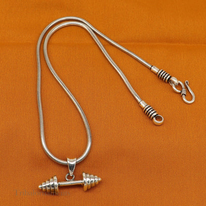 925 sterling silver barbell dumbbell gym pendant from TRIBAL ORNAMENTS, stylish workout jewelry for fitness enthusiasts.