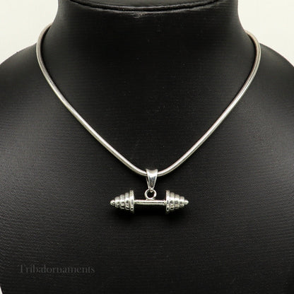 Sterling silver barbell dumbbell pendant from Tribal Ornaments, stylish workout jewelry for gym enthusiasts and fitness lovers.