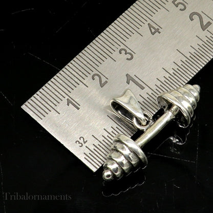 925 sterling silver barbell dumbbell gym pendant, handmade workout jewelry by Tribal Ornaments, stylish fitness accessory.