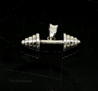 Sterling silver barbell dumbbell gym pendant by TRIBAL ORNAMENTS, handcrafted workout jewelry for fitness enthusiasts.