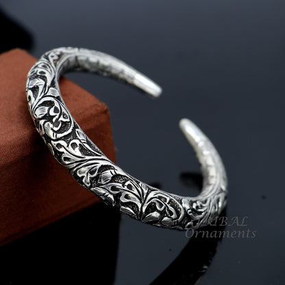 925 Sterling silver handmade tribal bangle bracelet with chitai work, unisex personalized tribal jewelry by TRIBAL ORNAMENTS