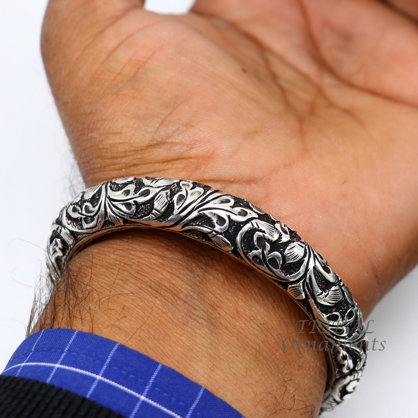 925 Sterling silver handmade fabulous chitai work customized bangle bracelet kada with pearl unisex personalized tribal jewelry nsk576 - TRIBAL ORNAMENTS