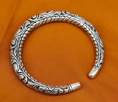Sterling silver handmade tribal bangle bracelet with chitai work and pearls, unisex personalized tribal jewelry by Tribal Ornaments.